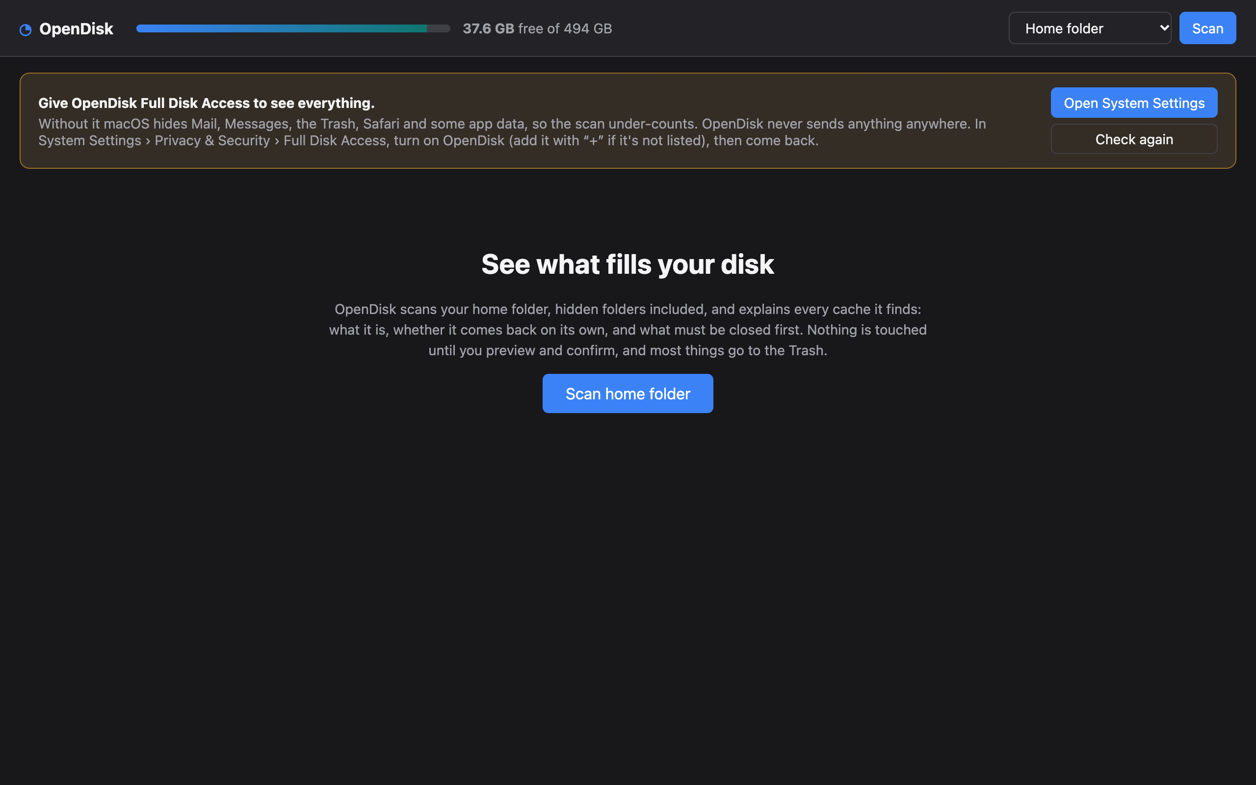 Full Disk Access banner